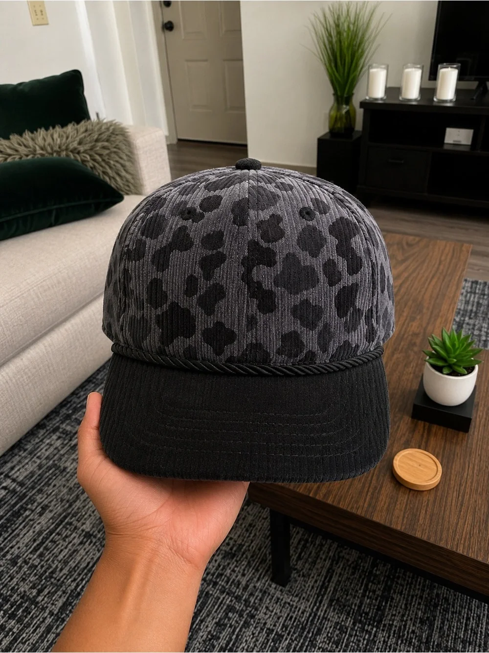 Corduroy Leopard Print Rope Cap - Black & Charcoal